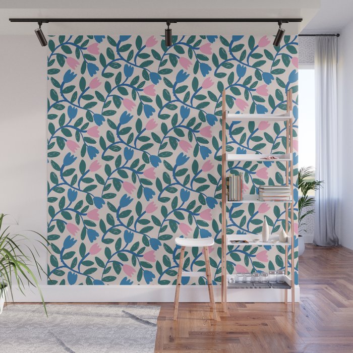Simple Floral - Blue, Pink and Green Wall Mural Gallery Image 1