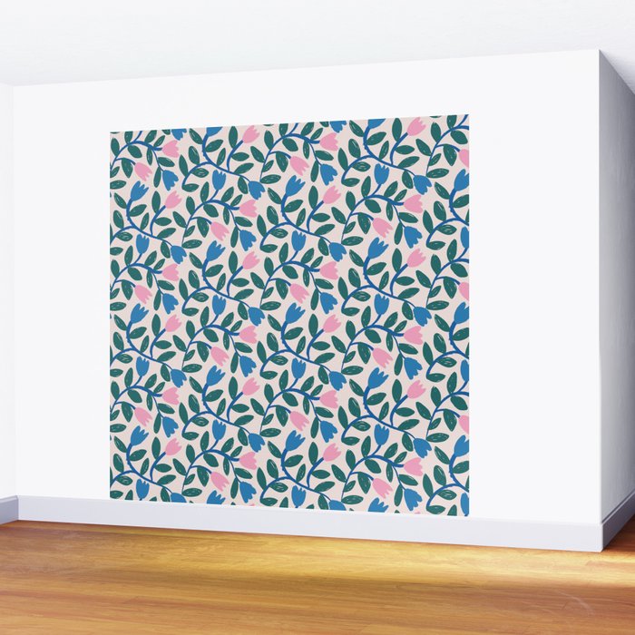 Simple Floral - Blue, Pink and Green Wall Mural Gallery Image 2