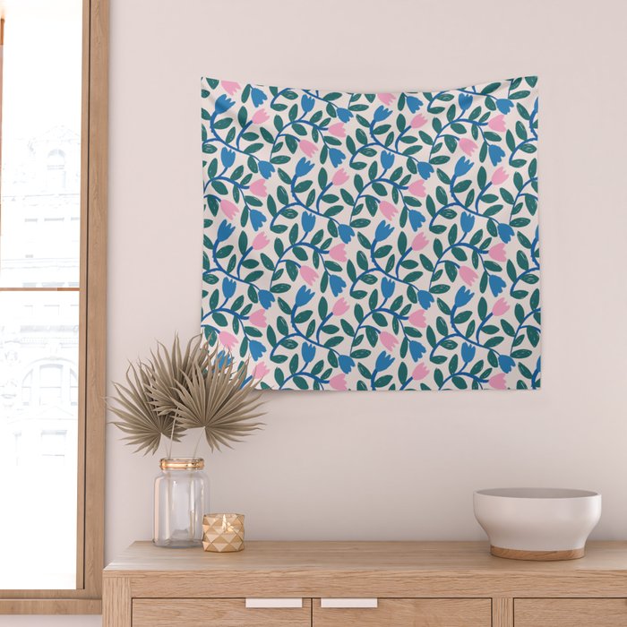 Simple Floral - Blue, Pink and Green Wall Tapestry Gallery Image 2