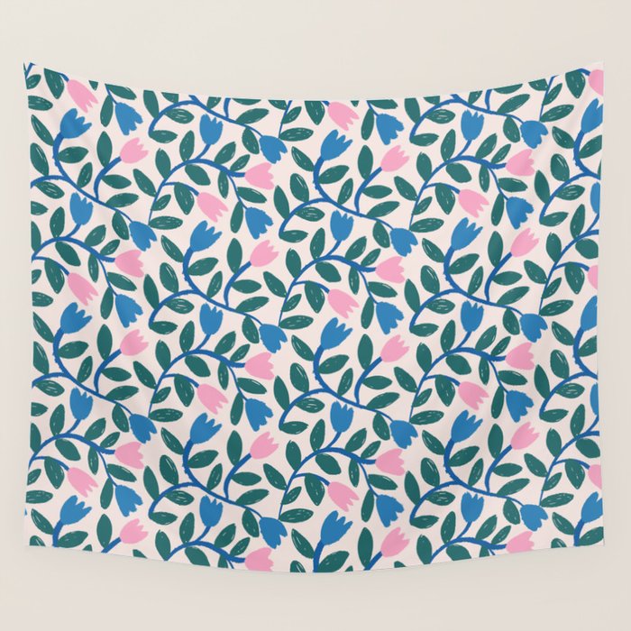Simple Floral - Blue, Pink and Green Wall Tapestry Gallery Image 4