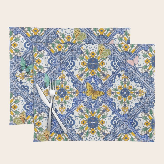 Blue ceramic maiolica tiles, yellow flowers and butterflies Placemat Gallery Image 1