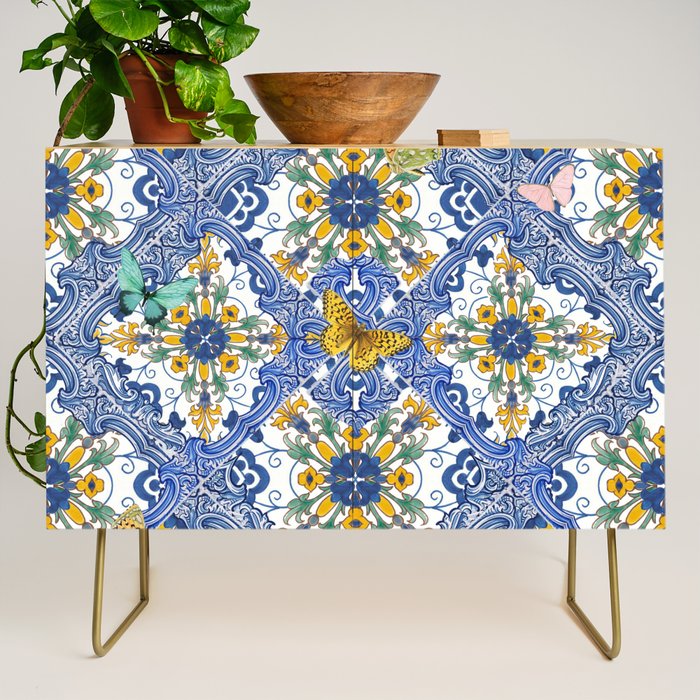 Blue ceramic maiolica tiles, yellow flowers and butterflies Credenza Gallery Image 1