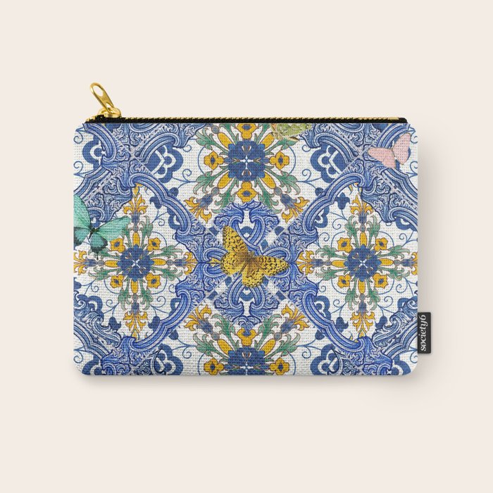 Blue ceramic maiolica tiles, yellow flowers and butterflies Carry All Pouch Gallery Image 1