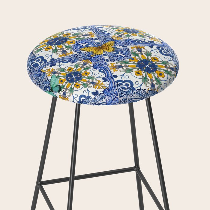 Blue ceramic maiolica tiles, yellow flowers and butterflies Stool Gallery Image 2
