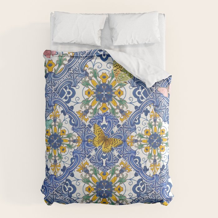 Blue ceramic maiolica tiles, yellow flowers and butterflies Comforter Gallery Image 6