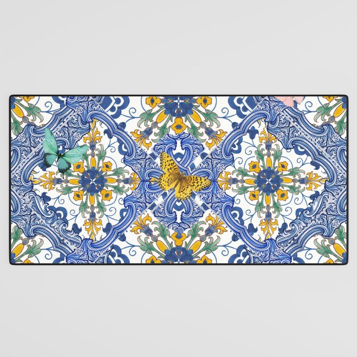 Blue ceramic maiolica tiles, yellow flowers and butterflies Desk Mat Gallery Image 3