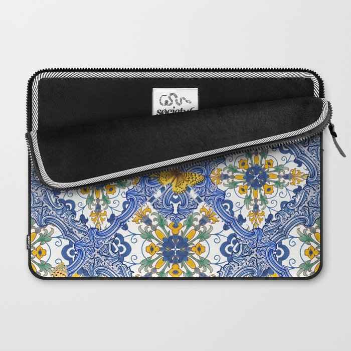 Blue ceramic maiolica tiles, yellow flowers and butterflies Laptop Sleeve Gallery Image 2