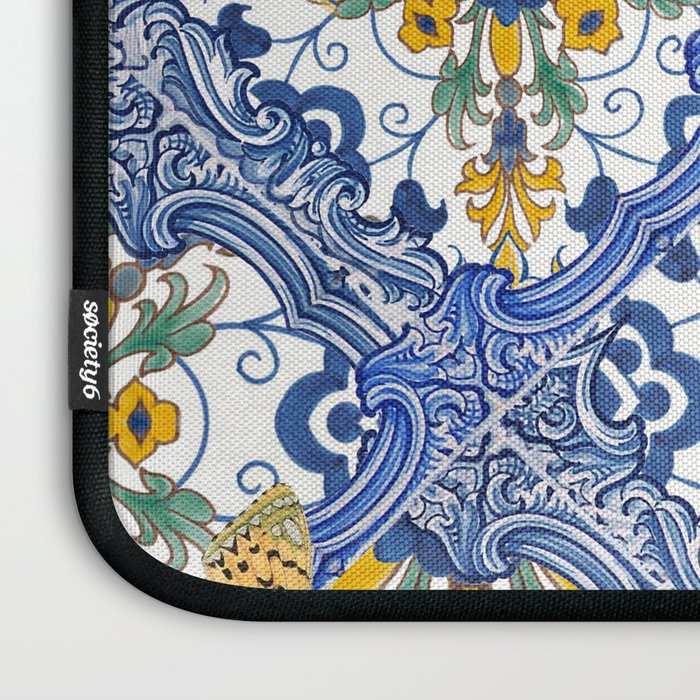 Blue ceramic maiolica tiles, yellow flowers and butterflies Laptop Sleeve Gallery Image 3