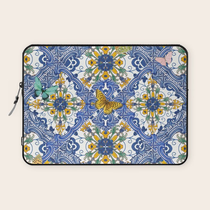 Blue ceramic maiolica tiles, yellow flowers and butterflies Laptop Sleeve Gallery Image 1