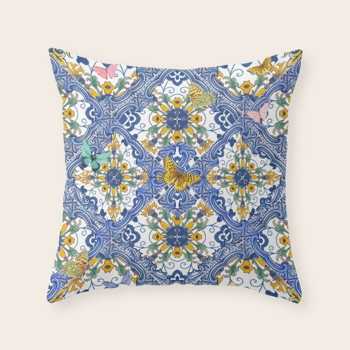 Blue ceramic maiolica tiles, yellow flowers and butterflies Throw Pillow Gallery Image 6