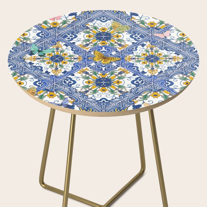 Blue ceramic maiolica tiles, yellow flowers and butterflies Side Table Gallery Image 2