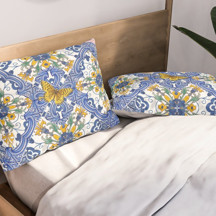 Blue ceramic maiolica tiles, yellow flowers and butterflies Pillow Sham Gallery Image 2