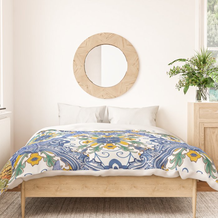 Blue ceramic maiolica tiles, yellow flowers and butterflies Duvet Cover Gallery Image 3