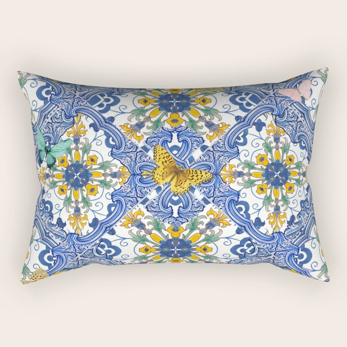 Blue ceramic maiolica tiles, yellow flowers and butterflies Rectangular Pillow Gallery Image 2