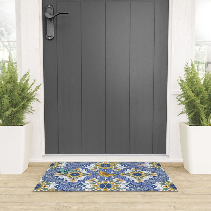 Blue ceramic maiolica tiles, yellow flowers and butterflies Welcome Mat Gallery Image 3