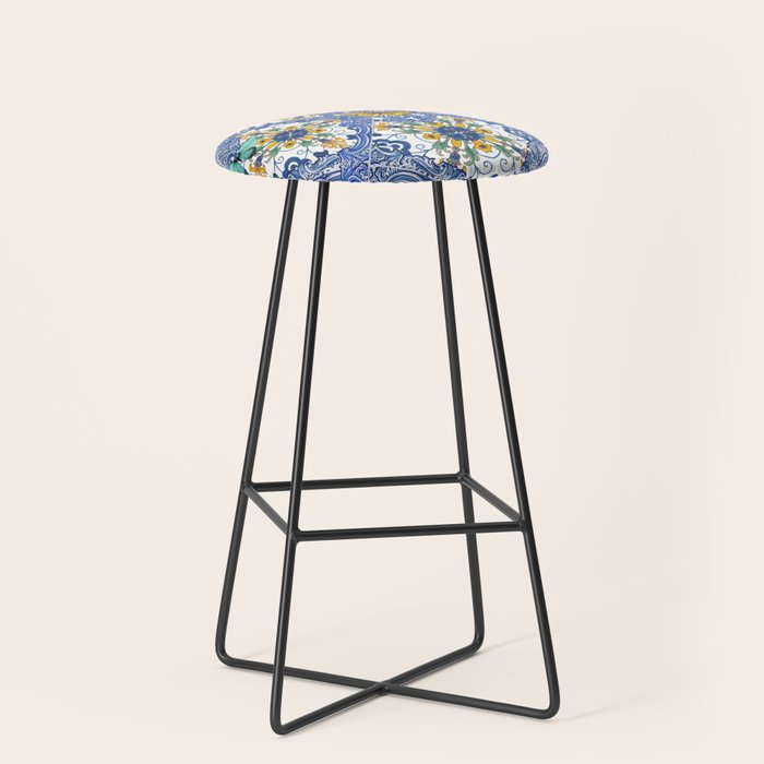 Blue ceramic maiolica tiles, yellow flowers and butterflies Stool Gallery Image 1