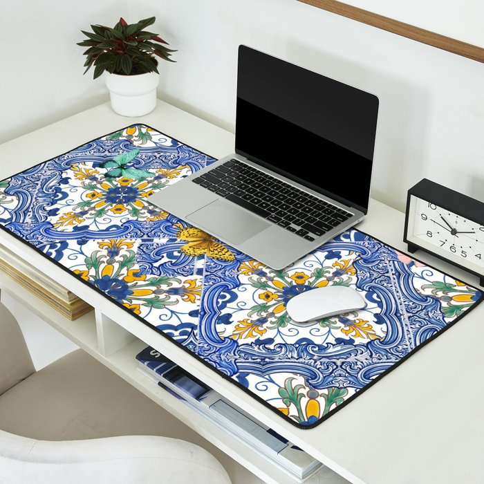 Blue ceramic maiolica tiles, yellow flowers and butterflies Desk Mat Gallery Image 2