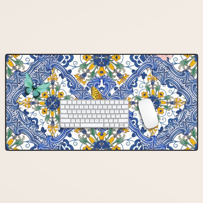 Blue ceramic maiolica tiles, yellow flowers and butterflies Desk Mat Gallery Image 1