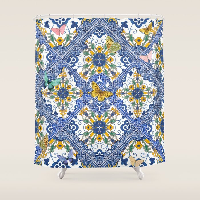 Blue ceramic maiolica tiles, yellow flowers and butterflies Shower Curtain Gallery Image 1