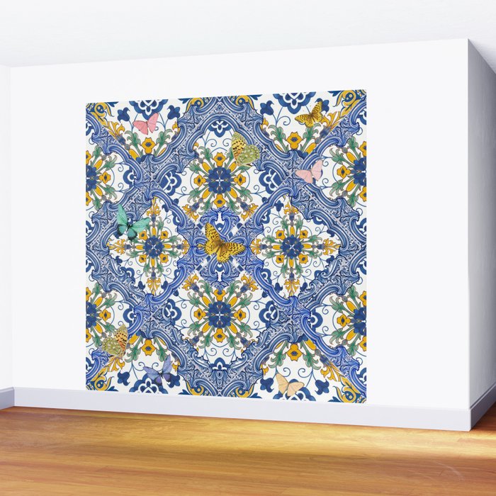 Blue ceramic maiolica tiles, yellow flowers and butterflies Wall Mural Gallery Image 2