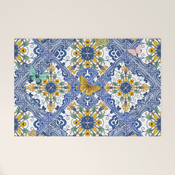 Blue ceramic maiolica tiles, yellow flowers and butterflies Welcome Mat Gallery Image 1