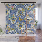Blue ceramic maiolica tiles, yellow flowers and butterflies Wall Mural Gallery Image 1