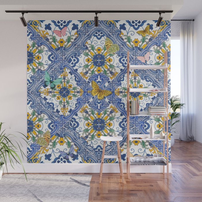 Blue ceramic maiolica tiles, yellow flowers and butterflies Wall Mural Gallery Image 1