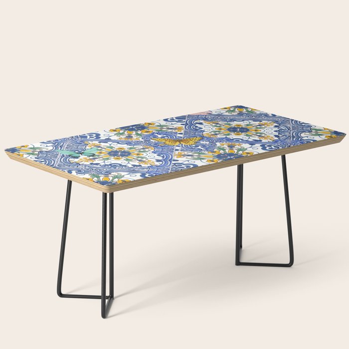 Blue ceramic maiolica tiles, yellow flowers and butterflies Coffee Table Gallery Image 1