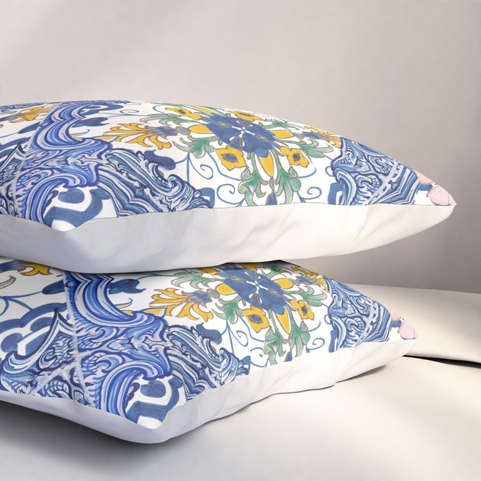 Blue ceramic maiolica tiles, yellow flowers and butterflies Pillow Sham Gallery Image 3