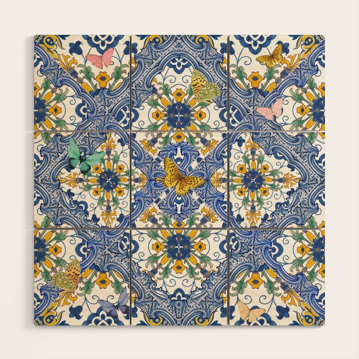 Blue ceramic maiolica tiles, yellow flowers and butterflies Wood Wall Art Gallery Image 1