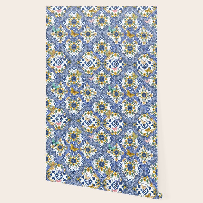 Blue ceramic maiolica tiles, yellow flowers and butterflies Wallpaper Gallery Image 2