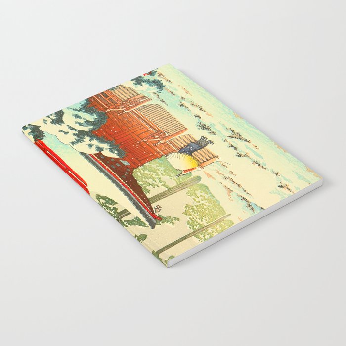 Vintage Japanese Woodblock Print Japanese Shinto Shrine Red Pagoda With Snow Capped Trees Notebook Gallery Image 1