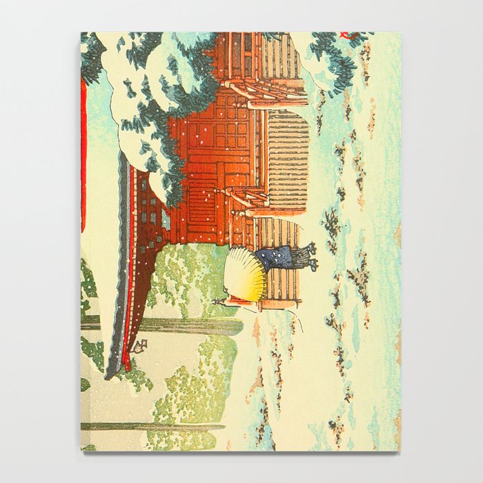 Vintage Japanese Woodblock Print Japanese Shinto Shrine Red Pagoda With Snow Capped Trees Notebook Gallery Image 4