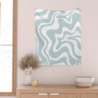 Retro Liquid Swirl Abstract Pattern in Pale Blue-Gray and White Wall Tapestry Gallery Image 2