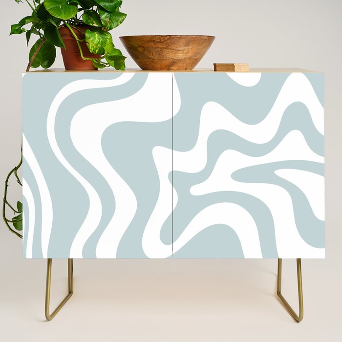 Retro Liquid Swirl Abstract Pattern in Pale Blue-Gray and White Credenza Gallery Image 1