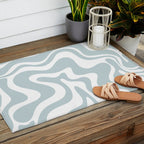 Retro Liquid Swirl Abstract Pattern in Pale Blue-Gray and White Outdoor Rug Gallery Image 2