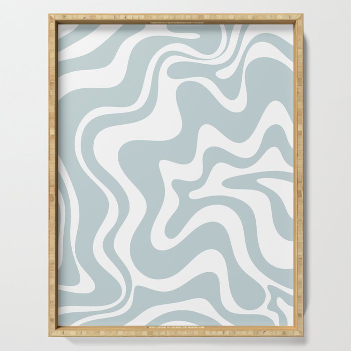 Retro Liquid Swirl Abstract Pattern in Pale Blue-Gray and White Serving Tray Gallery Image 1