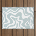 Retro Liquid Swirl Abstract Pattern in Pale Blue-Gray and White Outdoor Rug Gallery Image 1