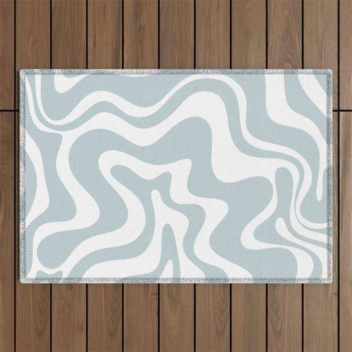 Retro Liquid Swirl Abstract Pattern in Pale Blue-Gray and White Outdoor Rug Gallery Image 1