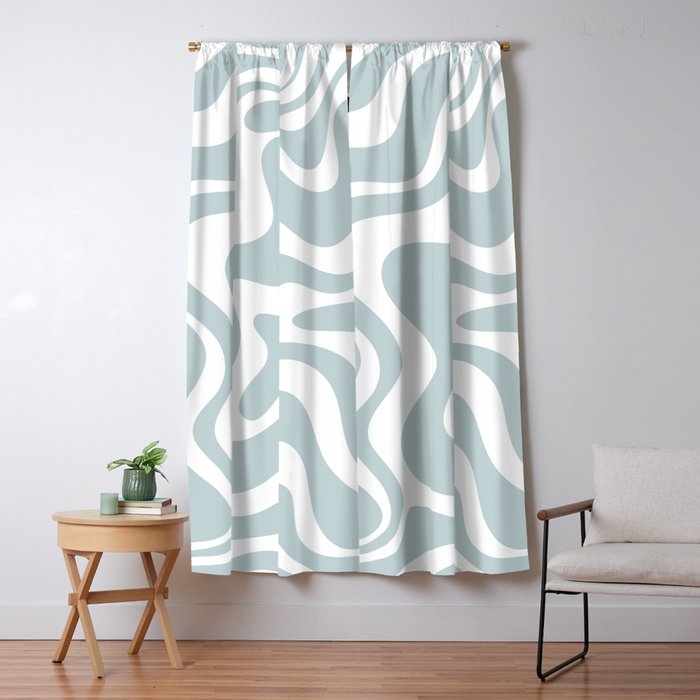 Retro Liquid Swirl Abstract Pattern in Pale Blue-Gray and White Window Curtain Gallery Image 5
