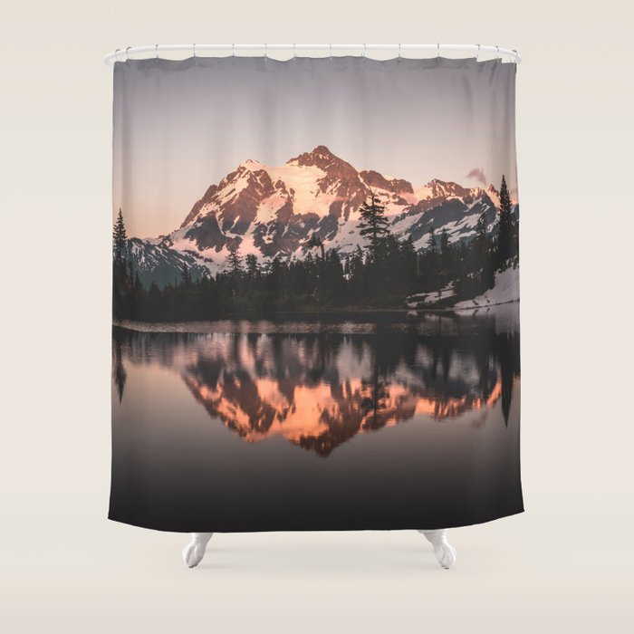 Alpenglow - Mountain Reflection - Nature Photography Shower Curtain Gallery Image 1