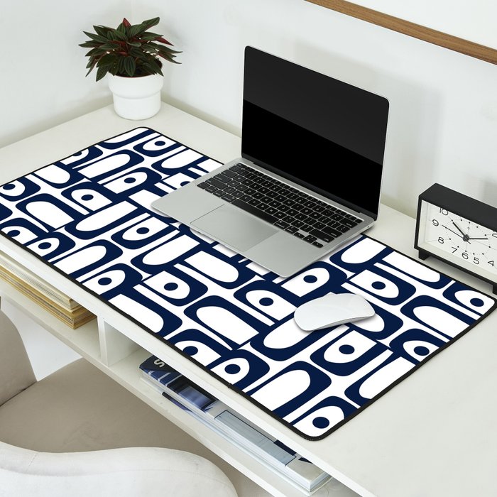 Mid Century Modern Piquet Abstract Multi Pattern in Nautical Navy Blue and White Desk Mat Gallery Image 2