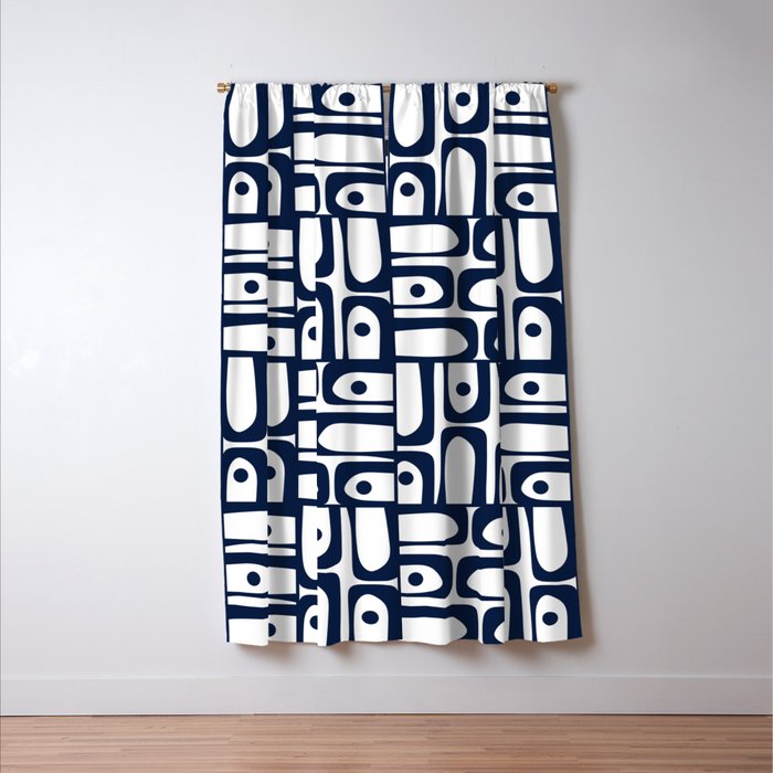 Mid Century Modern Piquet Abstract Multi Pattern in Nautical Navy Blue and White Window Curtain Gallery Image 3