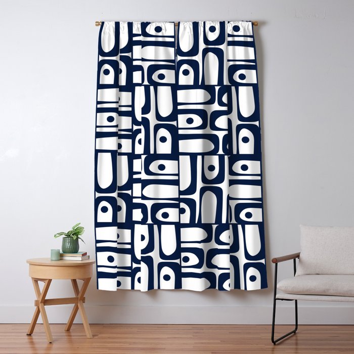 Mid Century Modern Piquet Abstract Multi Pattern in Nautical Navy Blue and White Window Curtain Gallery Image 1