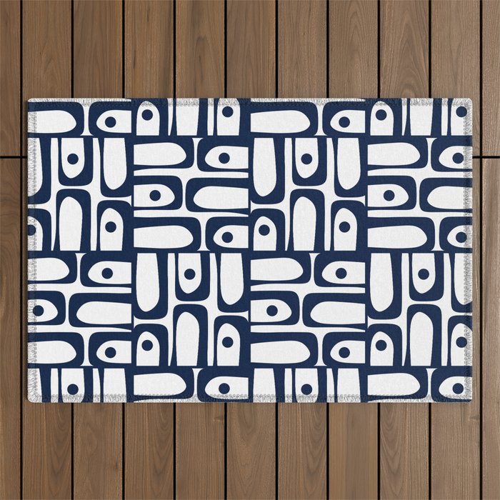 Mid Century Modern Piquet Abstract Multi Pattern in Nautical Navy Blue and White Outdoor Rug Gallery Image 1