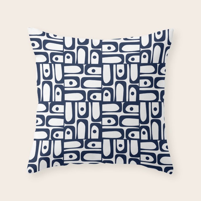 Mid Century Modern Piquet Abstract Multi Pattern in Nautical Navy Blue and White Throw Pillow Gallery Image 1