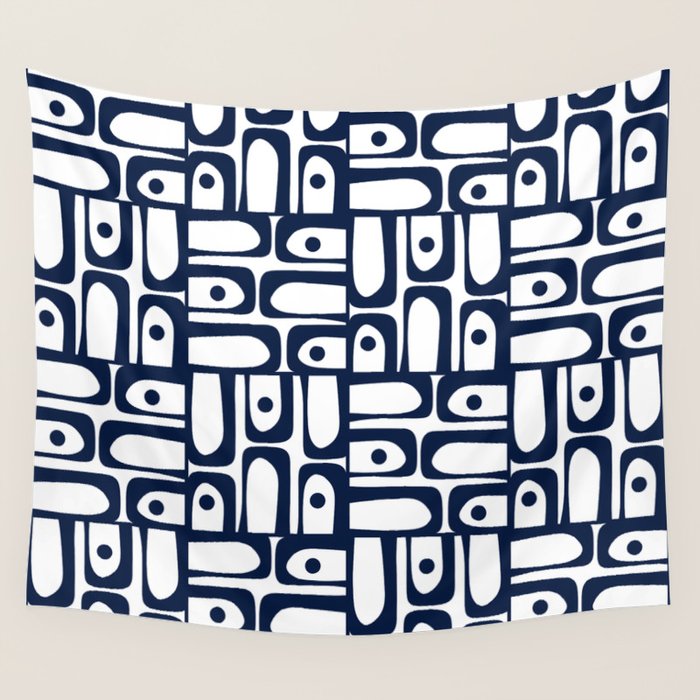 Mid Century Modern Piquet Abstract Multi Pattern in Nautical Navy Blue and White Wall Tapestry Gallery Image 4