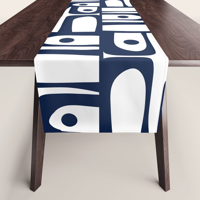 Mid Century Modern Piquet Abstract Multi Pattern in Nautical Navy Blue and White Table Runner Gallery Image 1