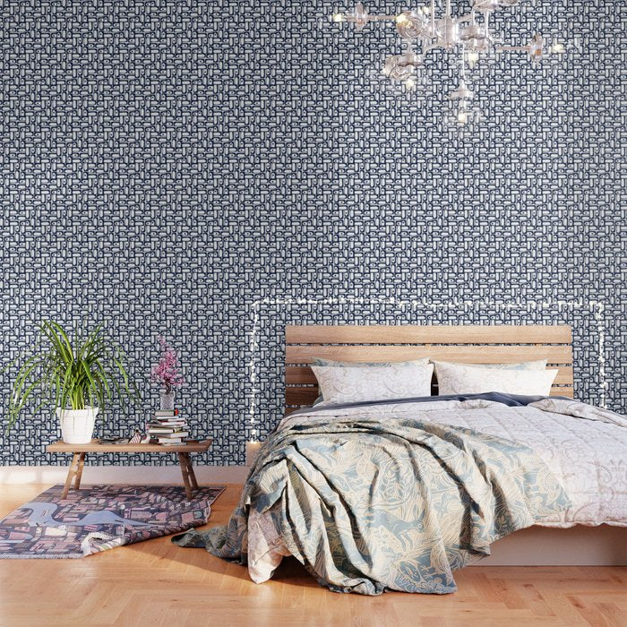 Mid Century Modern Piquet Abstract Multi Pattern in Nautical Navy Blue and White Wallpaper Gallery Image 3