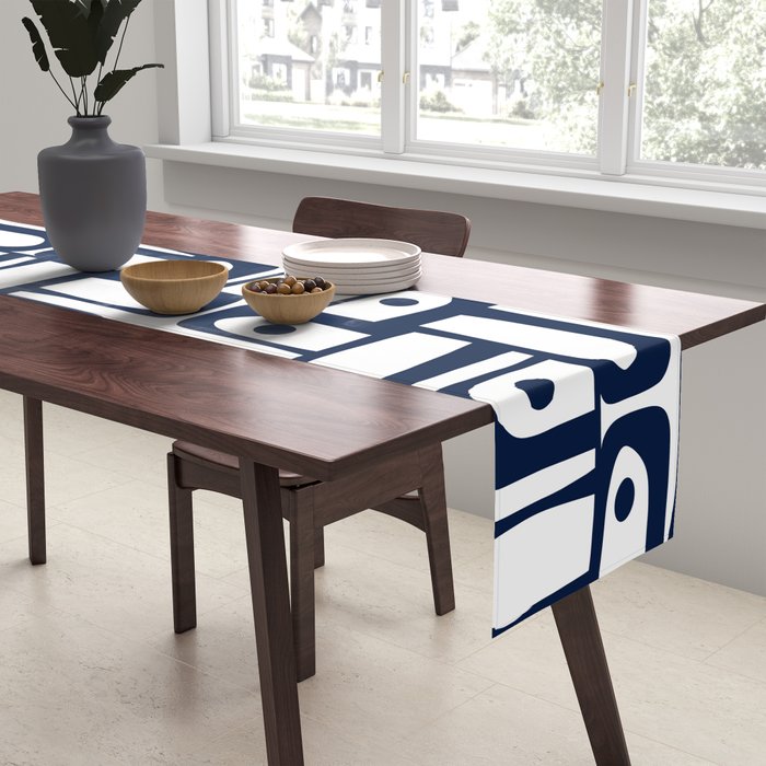 Mid Century Modern Piquet Abstract Multi Pattern in Nautical Navy Blue and White Table Runner Gallery Image 2